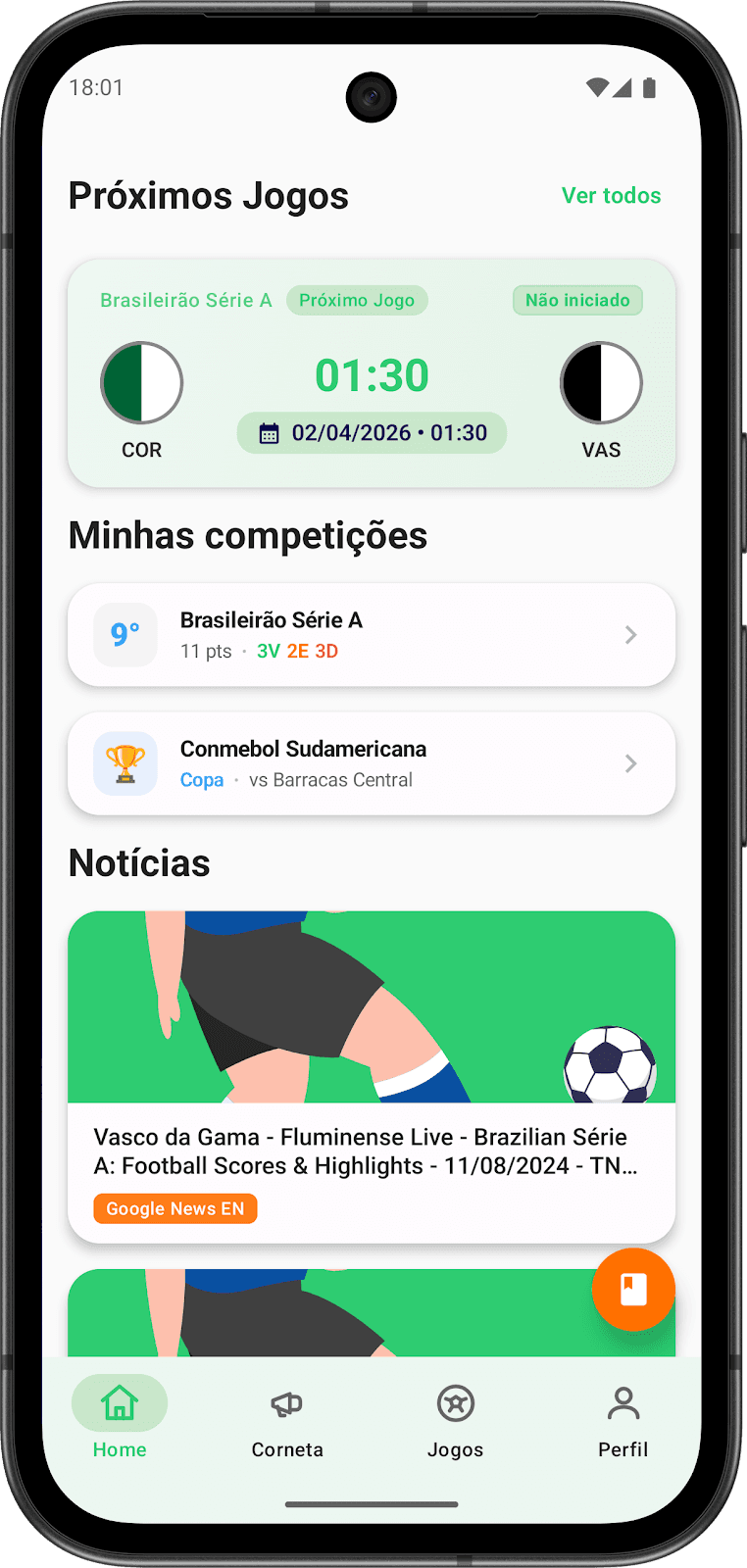 Interface do aplicativo Corneta FC mostrando o fluxo de cornetar um rival