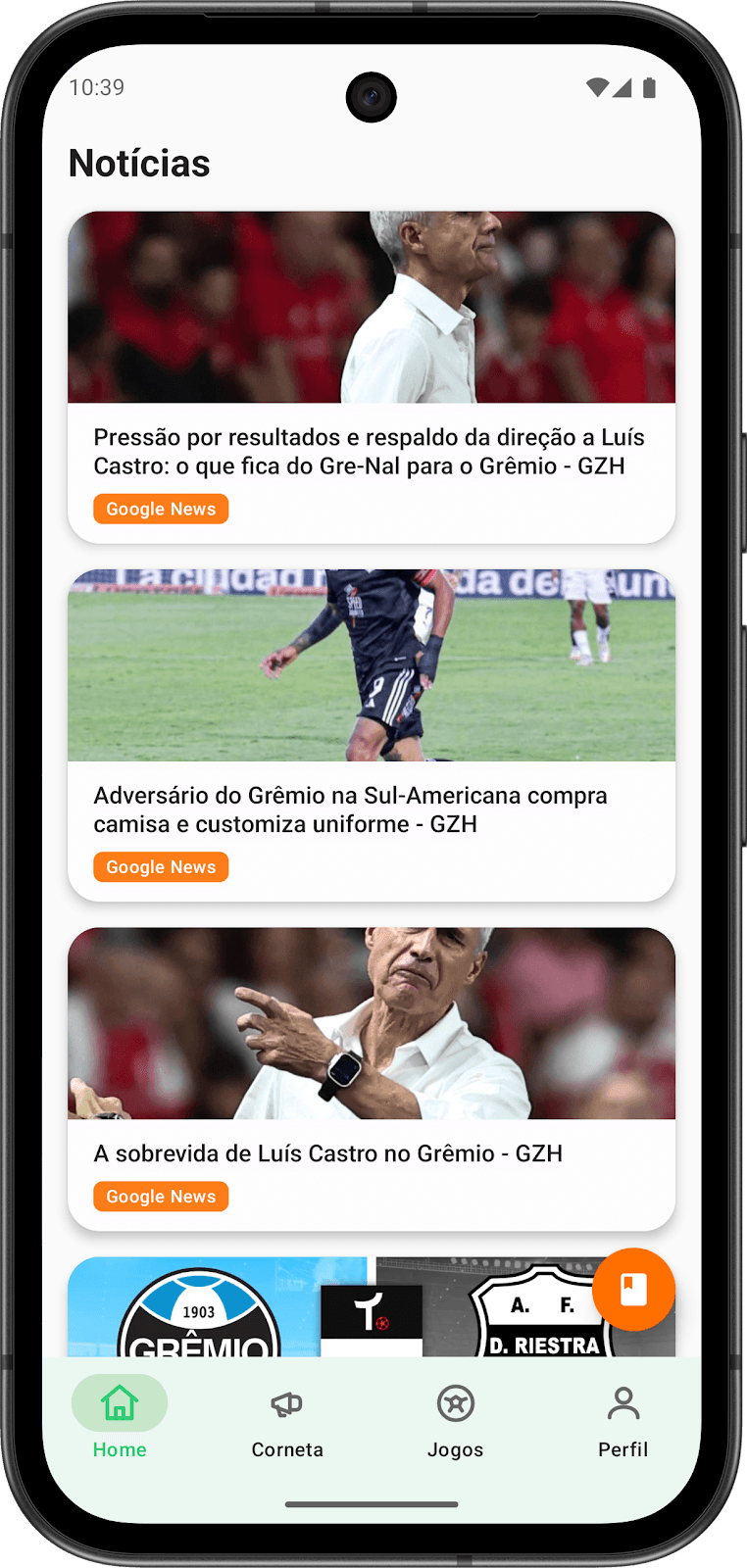 Screenshot do feed de notícias no app