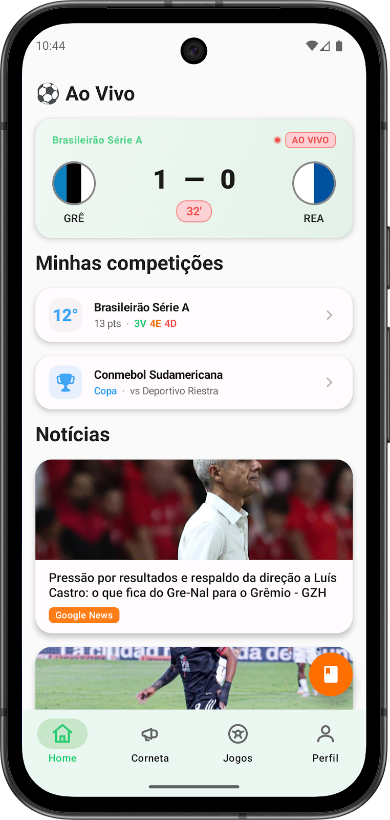Screenshot da interface de próximos jogos no app